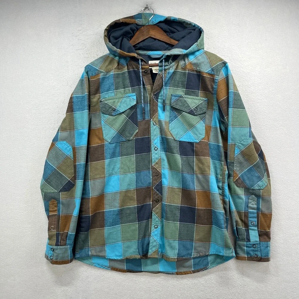 LL Bean Hooded Flannel Shirt Jacket Mens M Blue Green Plaid Snap Outdoor Shacket